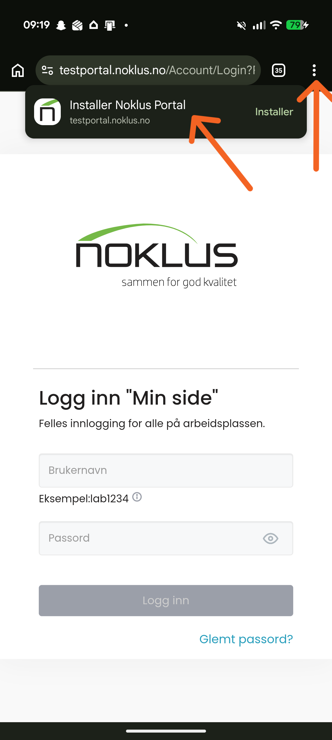 Android. Dersom det ikke kommer opp automatisk melding, kan du trykke på de tre prikkene for å legge til på startsiden.