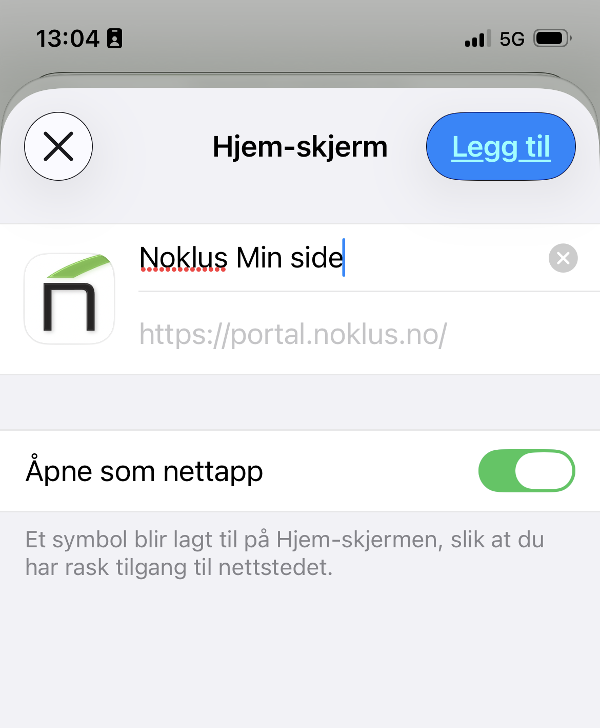 iPhone/iOS: Sjekk at Åpne som nettapp står på (grønt).