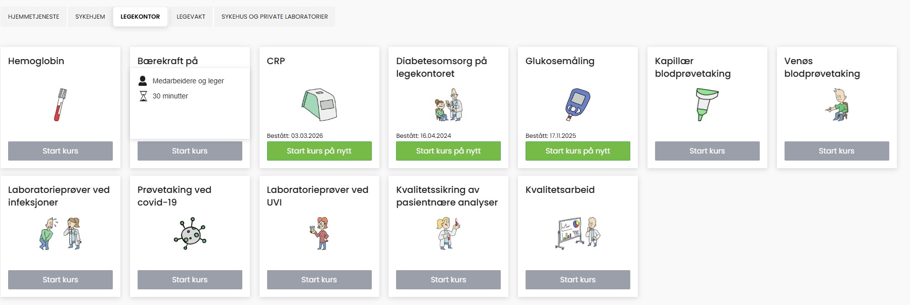 Bilde: På "Min side" har deltakerne våre tilgang til en rekke e-læringskurs innenfor laboratoriearbeid.